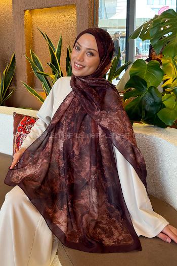 Lamelif Gül Çiçek Desen Ferah Şal Açı Kahve