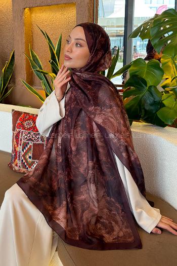 Lamelif Gül Çiçek Desen Ferah Şal Açı Kahve