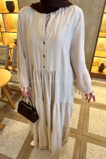 Stone Mandarin Collar Linen Unprinted Dresess