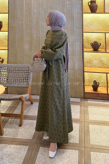 Lamelif Kabartma Nakış İşlemeli Tesettür Elbise Çağla Yeşili