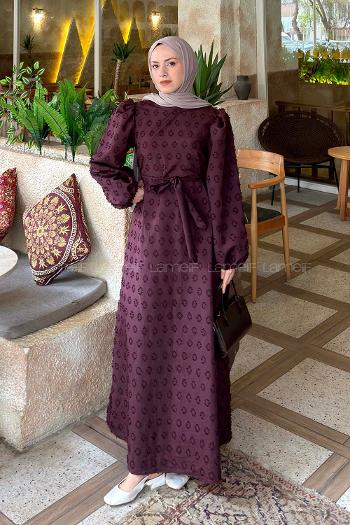 Lamelif Kabartma Nakış İşlemeli Tesettür Elbise Mürdüm