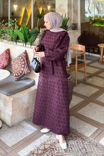 Lamelif Kabartma Nakış İşlemeli Tesettür Elbise Mürdüm
