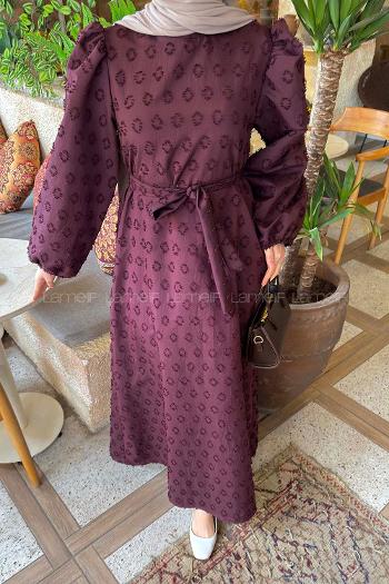 Lamelif Kabartma Nakış İşlemeli Tesettür Elbise Mürdüm