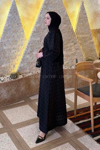 Lamelif Kabartma Nakış İşlemeli Tesettür Elbise Siyah