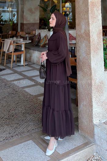 Lamelif Kat Kat Detaylı Tesettür Elbise Acı Kahve