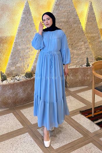 Lamelif Kat Kat Detaylı Tesettür Elbise Bebe Mavisi