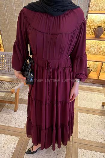 Claret Red Crew Neck Cotton Unprinted Dresess