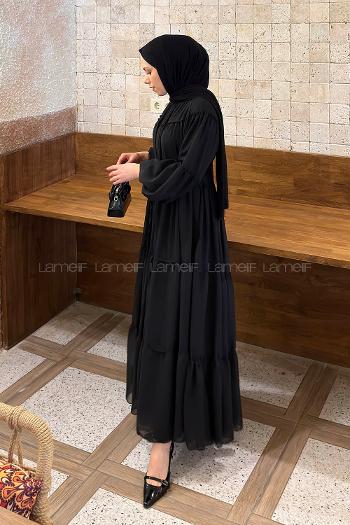 Lamelif Kat Kat Detaylı Tesettür Elbise Siyah