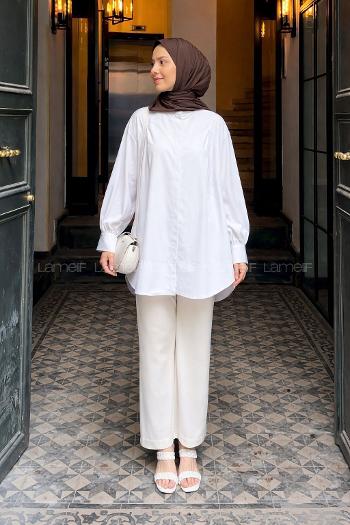 Lamelif Manşeti Biyeli Tunik Beyaz