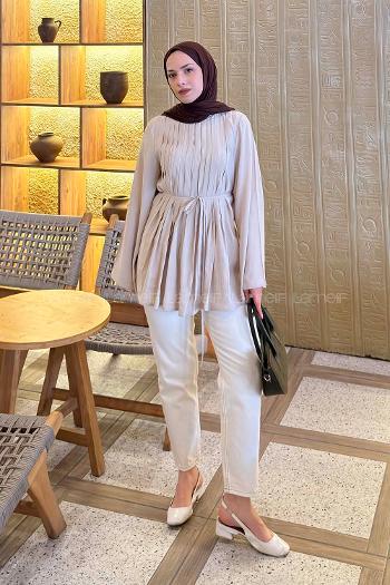 Lamelif Önü Pileli Tunik Taş Rengi
