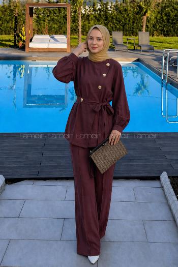 Lamelif Metal Düğme Detaylı İkili Takım Mürdüm