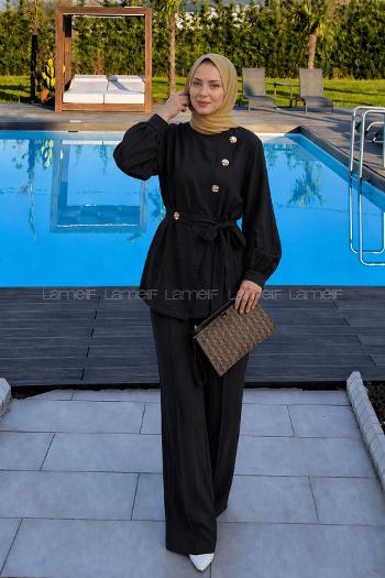 Lamelif Metal Düğme Detaylı İkili Takım Siyah