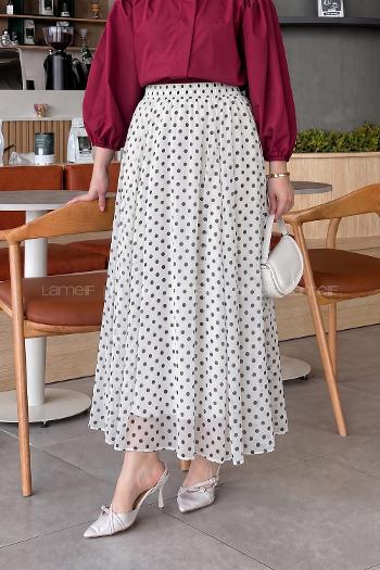 Lamelif Puantiye Desenli Şifon Etek Beyaz
