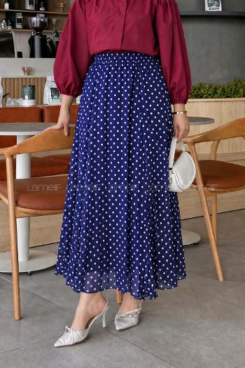 Lamelif Puantiye Desenli Şifon Etek Saks Mavisi
