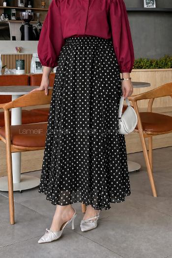 Lamelif Puantiye Desenli Şifon Etek Siyah