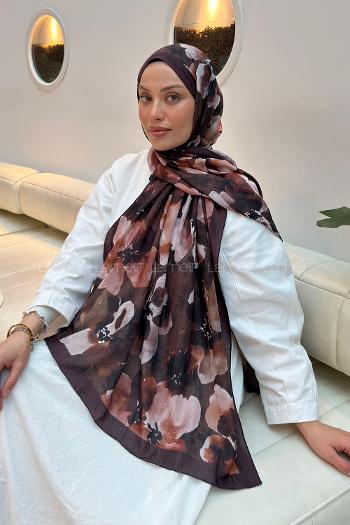 Lamelif Batik Çiçek Desen Bambu Şal Kahverengi