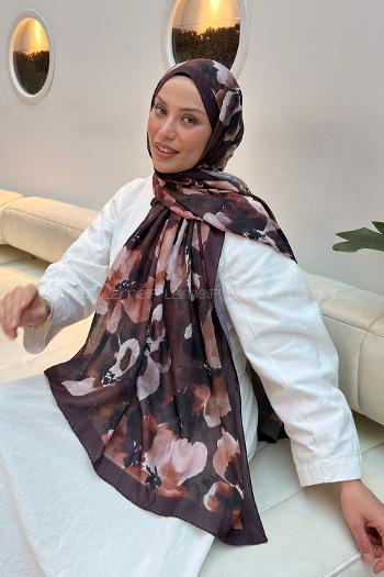 Lamelif Batik Çiçek Desen Bambu Şal Kahverengi