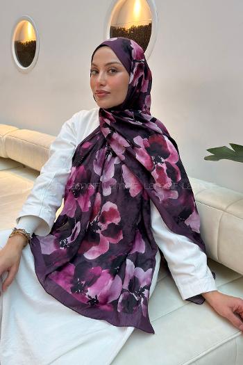 Lamelif Batik Çiçek Desen Bambu Şal Mürdüm