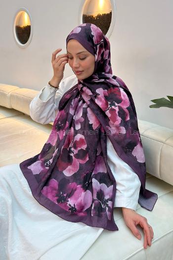 Lamelif Batik Çiçek Desen Bambu Şal Mürdüm