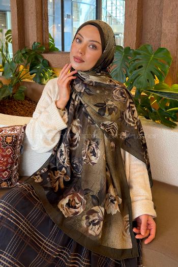 Lamelif Çiçek Desen Bambu Şal Haki