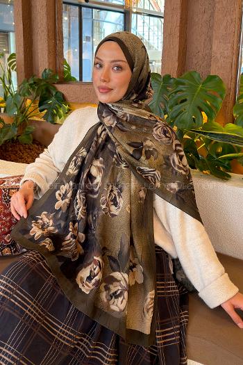 Lamelif Çiçek Desen Bambu Şal Haki