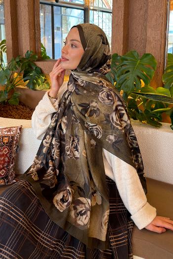 Lamelif Çiçek Desen Bambu Şal Haki