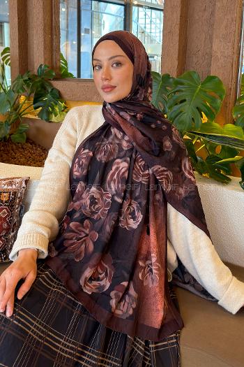 Lamelif Çiçek Desen Bambu Şal Kahverengi