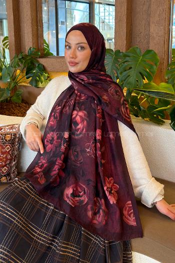 Lamelif Çiçek Desen Bambu Şal Koyu Bordo