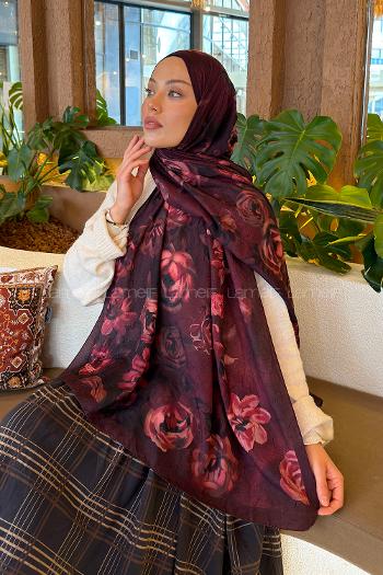 Lamelif Çiçek Desen Bambu Şal Koyu Bordo