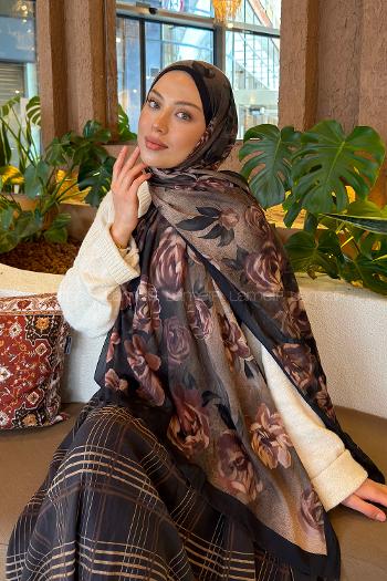 Lamelif Çiçek Desen Bambu Şal Koyu Yeşil