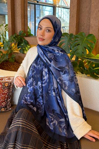 Lamelif Çiçek Desen Bambu Şal Lacivert