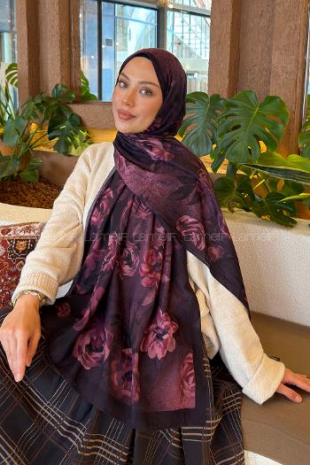 Lamelif Çiçek Desen Bambu Şal Mürdüm