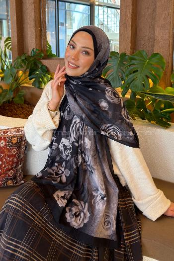Lamelif Çiçek Desen Bambu Şal Siyah
