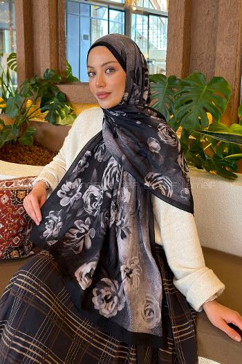 Lamelif Çiçek Desen Bambu Şal Siyah