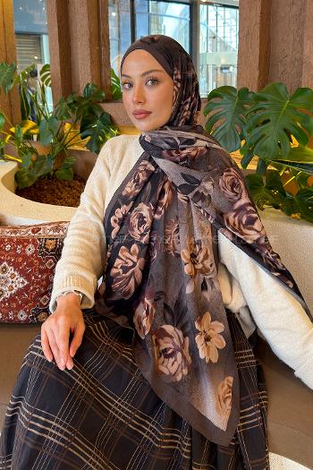 Lamelif Çiçek Desen Bambu Şal Soft Kahve