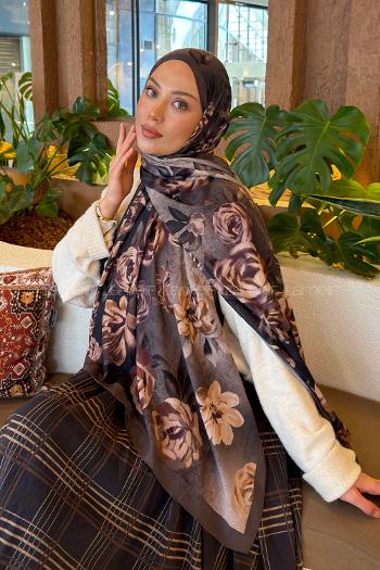 Lamelif Çiçek Desen Bambu Şal Soft Kahve