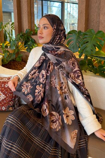 Lamelif Çiçek Desen Bambu Şal Soft Kahve