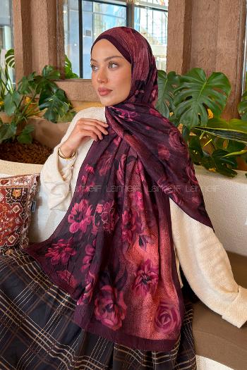 Lamelif Çiçek Desen Bambu Şal Vişne