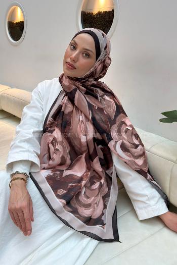 Lamelif Çiçek Desen Pamuk Şal Acı Kahve