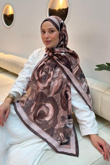 Lamelif Çiçek Desen Pamuk Şal Kahverengi