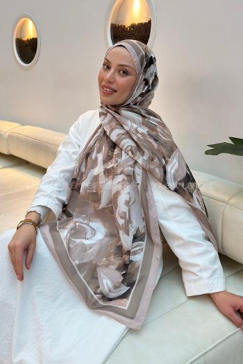 Lamelif Çiçek Desen Pamuk Şal Koyu Vizon