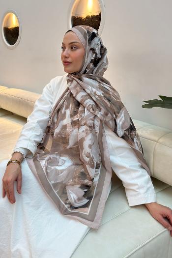 Lamelif Çiçek Desen Pamuk Şal Koyu Vizon