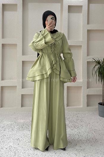 Lamelif Geniş Volan Yakalı Bağlama Detaylı Pantolonlu Takım Çağla Yeşili