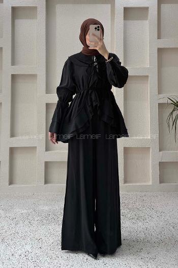 Lamelif Geniş Volan Yakalı Bağlama Detaylı Pantolonlu Takım Siyah