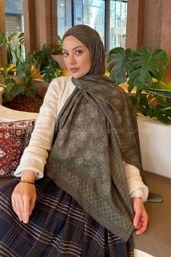 Lamelif Geometrik Desen Bambu Şal Haki