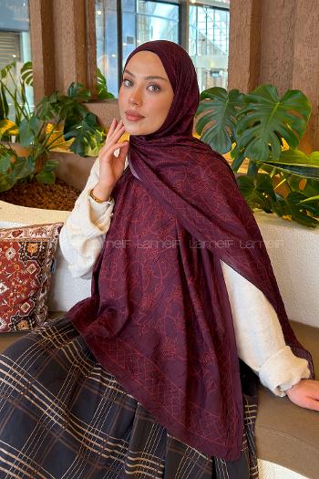 Lamelif Geometrik Desen Bambu Şal Koyu Bordo