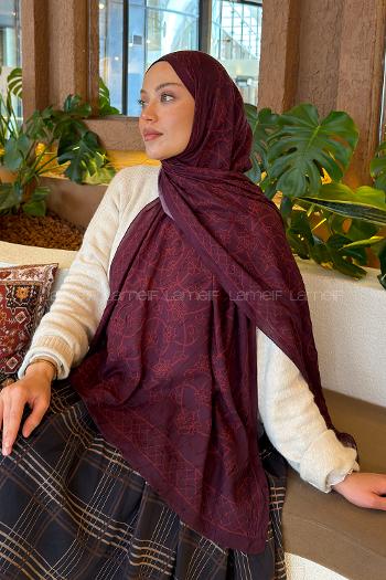 Lamelif Geometrik Desen Bambu Şal Koyu Bordo