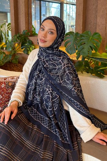 Lamelif Geometrik Desen Bambu Şal Lacivert