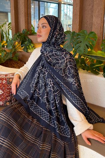 Lamelif Geometrik Desen Bambu Şal Lacivert