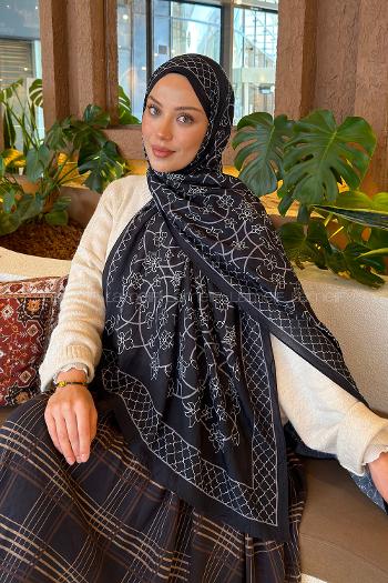 Lamelif Geometrik Desen Bambu Şal Siyah